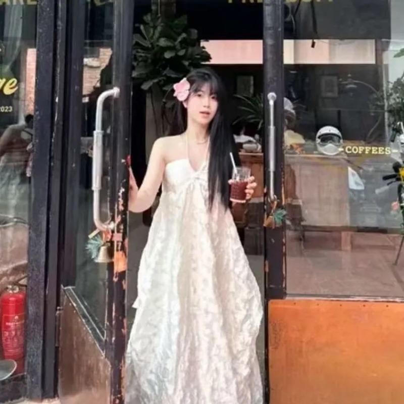 

Sweet Versatile Backless Halterneck Dress for Female Students High-end Elegant Sleeveless Long Skirt S абрикосовий