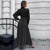 Women V Neck Long Sleeve Pleated A Line Solid Color Lace Up High Waist All Match Dresses S-XXL