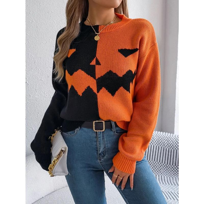 Autumn and Winter Women Halloween Pumpkin Contrast Color Knitted Long Sleeve Loose Sweater