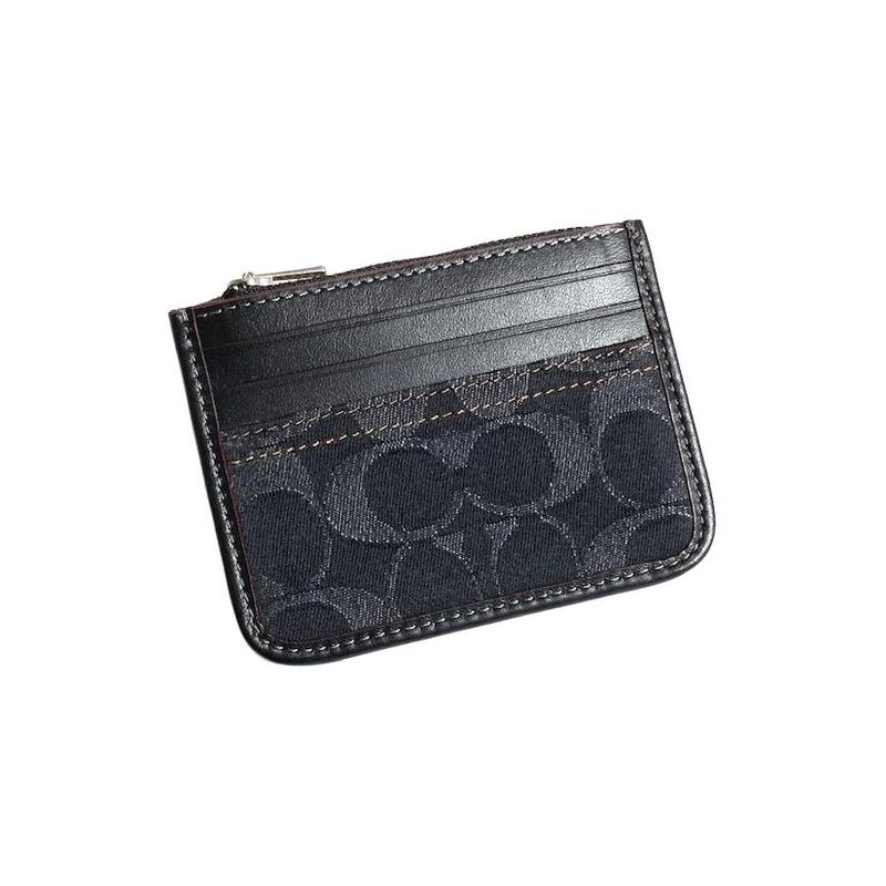 COACH Card Case 11 Classic Presbyopia Zipper Closure Denim and Calfskin Card Holder Card Holder Women's Black