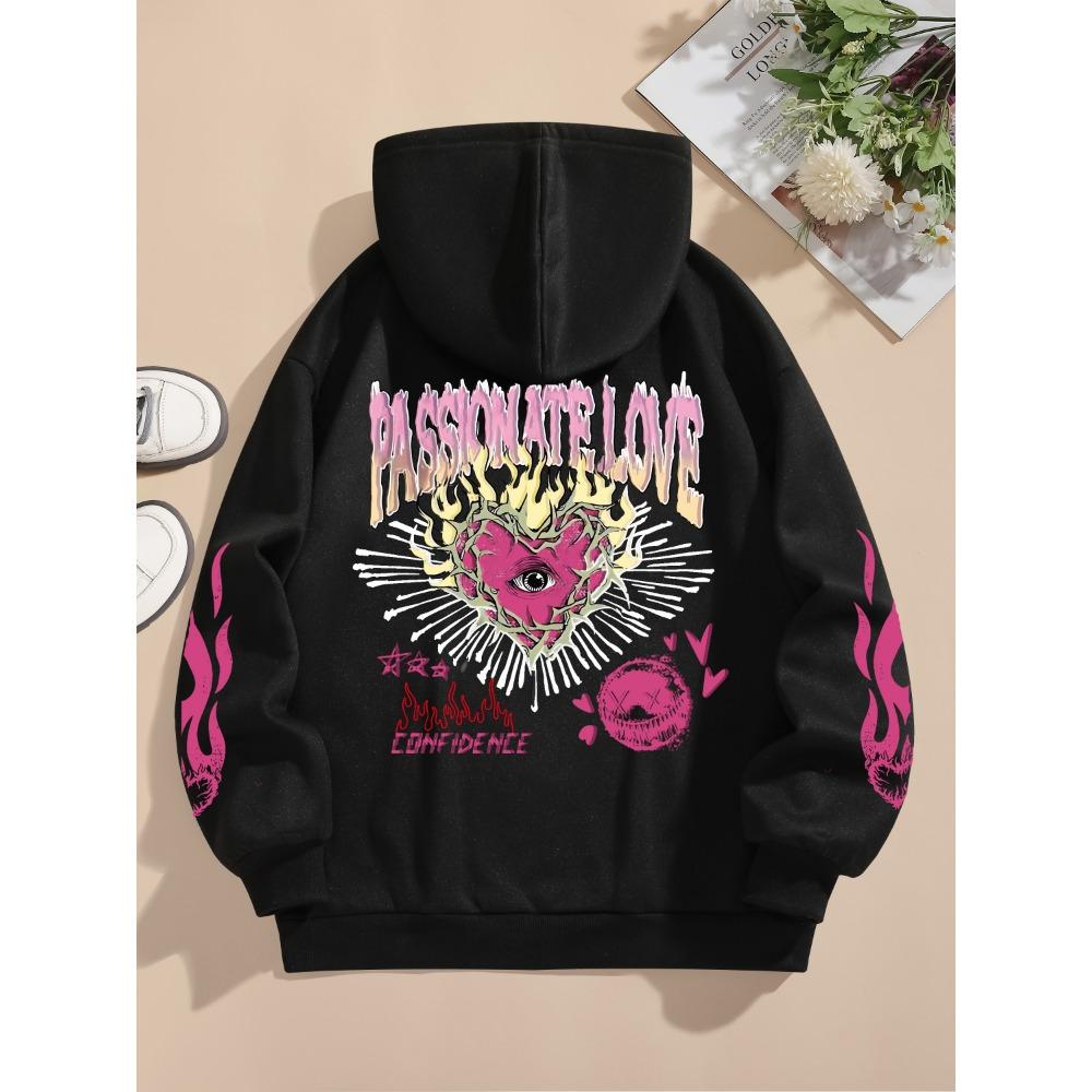 Moletons de Rua Femininos Amor Apaixonado Coração de Chamas Estampado Hoodies Gola Redonda Soltos Pulôver Quente Tops Femininos Roupas