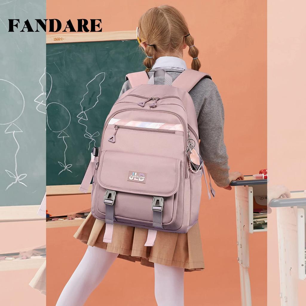 FANDARE Women's Backpack with Cute Decorations, Large Capacity, A4 Size, Student Backpack, Lightweight, Waterproof, Multifunctional, Anti-Theft,
