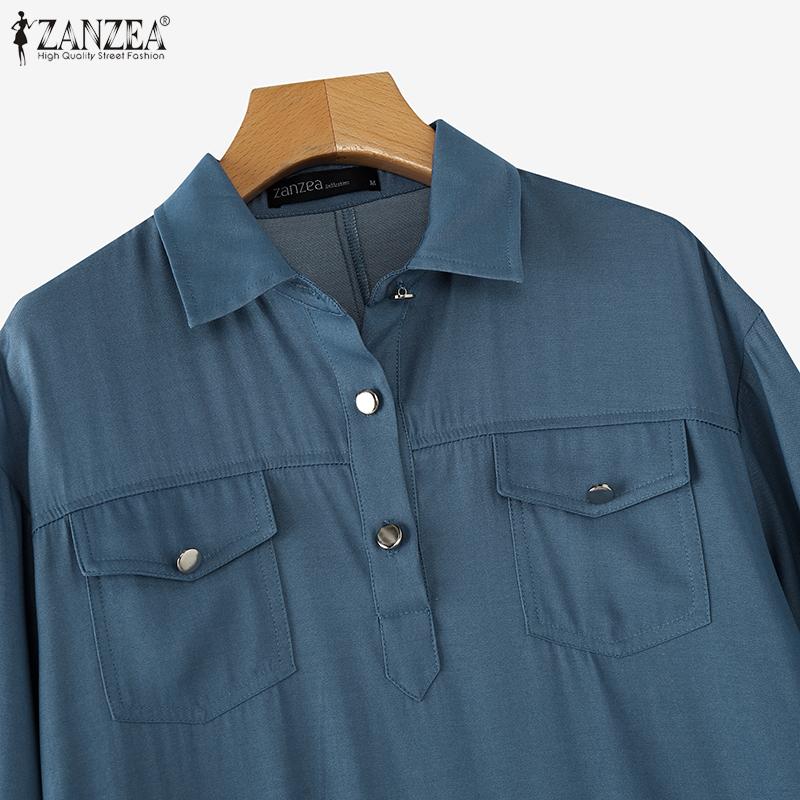 ZANZEA Robe chemise ample décontractée à col rabattu et manches 3/4 pour femmes