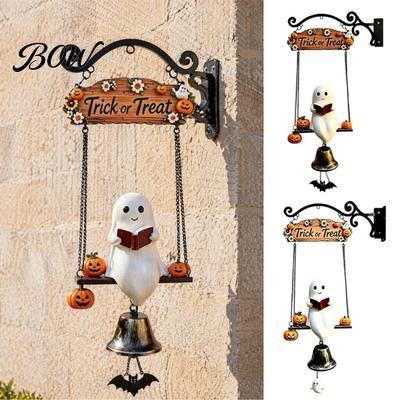 Halloween Hanging Bell Decoration Ghost Wind Chime Wall Hanging, Porch Yard Decor with Resin Metal Bell, Decorative Door Vintage Farmhouse Ornament