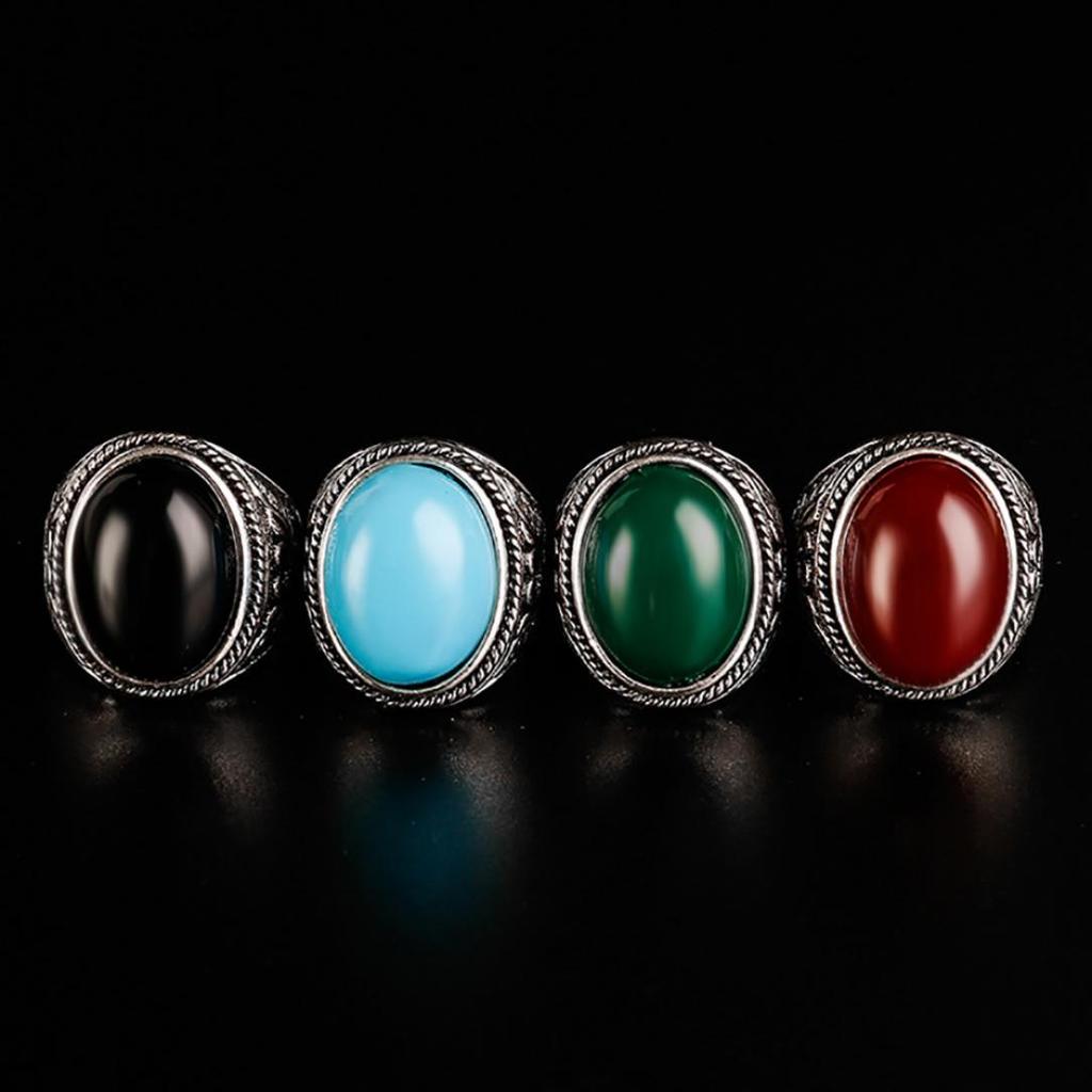 Men Vintage Artificial Gem Finger Ring Carving Band Jewelry Party Banquet Gift