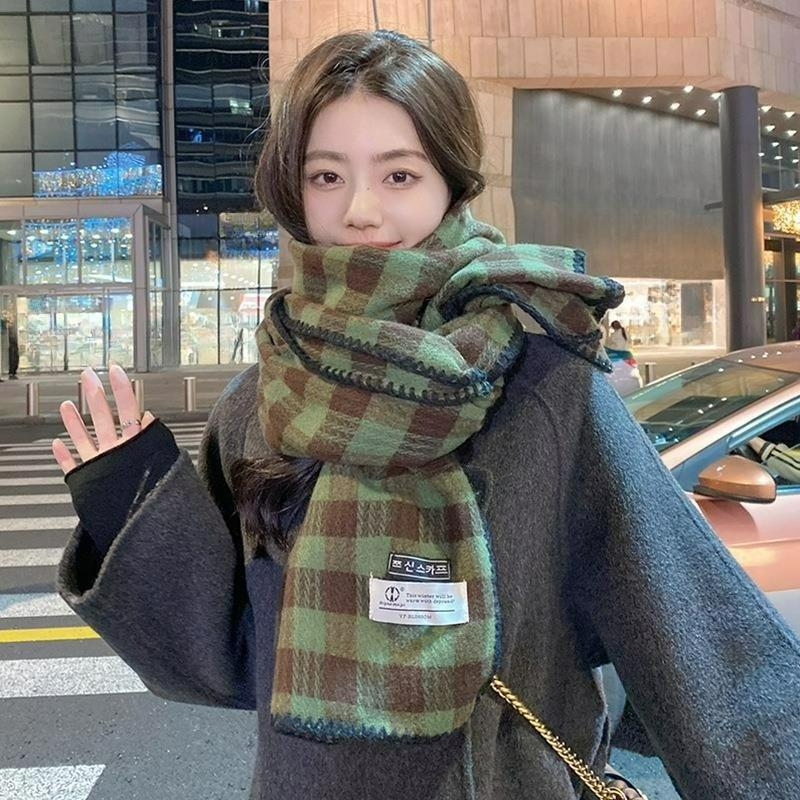Атмосфера Шарф Женский Зимний Японский Ретро Имитация Кашемира Клетчатая Шаль Красный Пара Теплый Нагрудник 65*200cm
