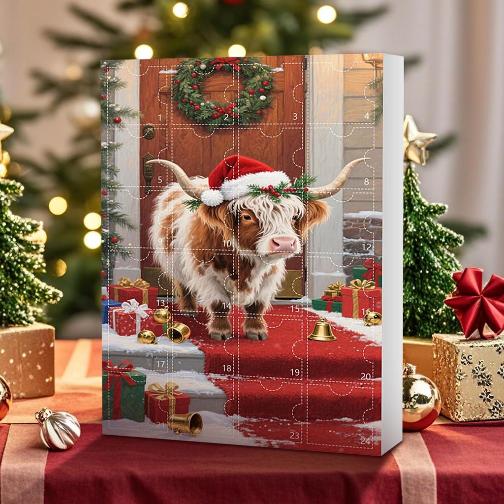 2025 Christmas Advent Calendar 24 Days Countdown 2D Acrylic Highland Cow Pendant Ornament for Car Home Window Decor Xmas Decor
