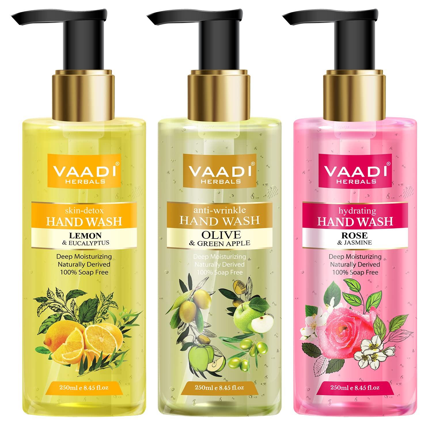 

Vaadi Herbals Роскошное мыло для рук - 250 мл (Набор из 3 штук, Лимон и Эвкалипт с Оливой и Зеленым Яблоком и Роза и Жасмин)