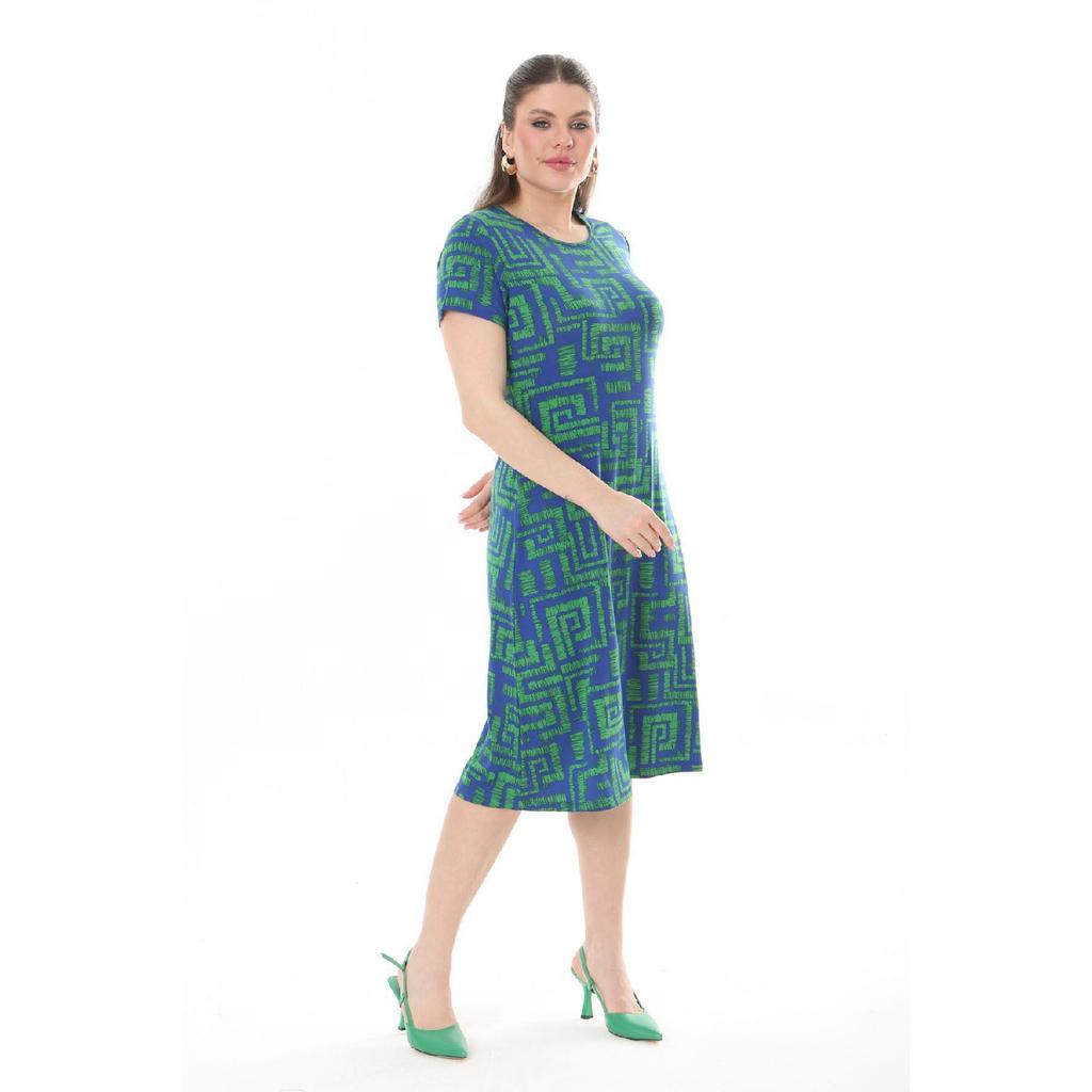 Women's Blue Green Maze Pattern Midi Dress