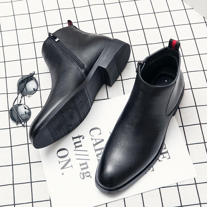 Leather Martin Boots Men's British Business Medium Top High Heel Pointed Hair Stylist Leather Shoes High Top Leather Boots