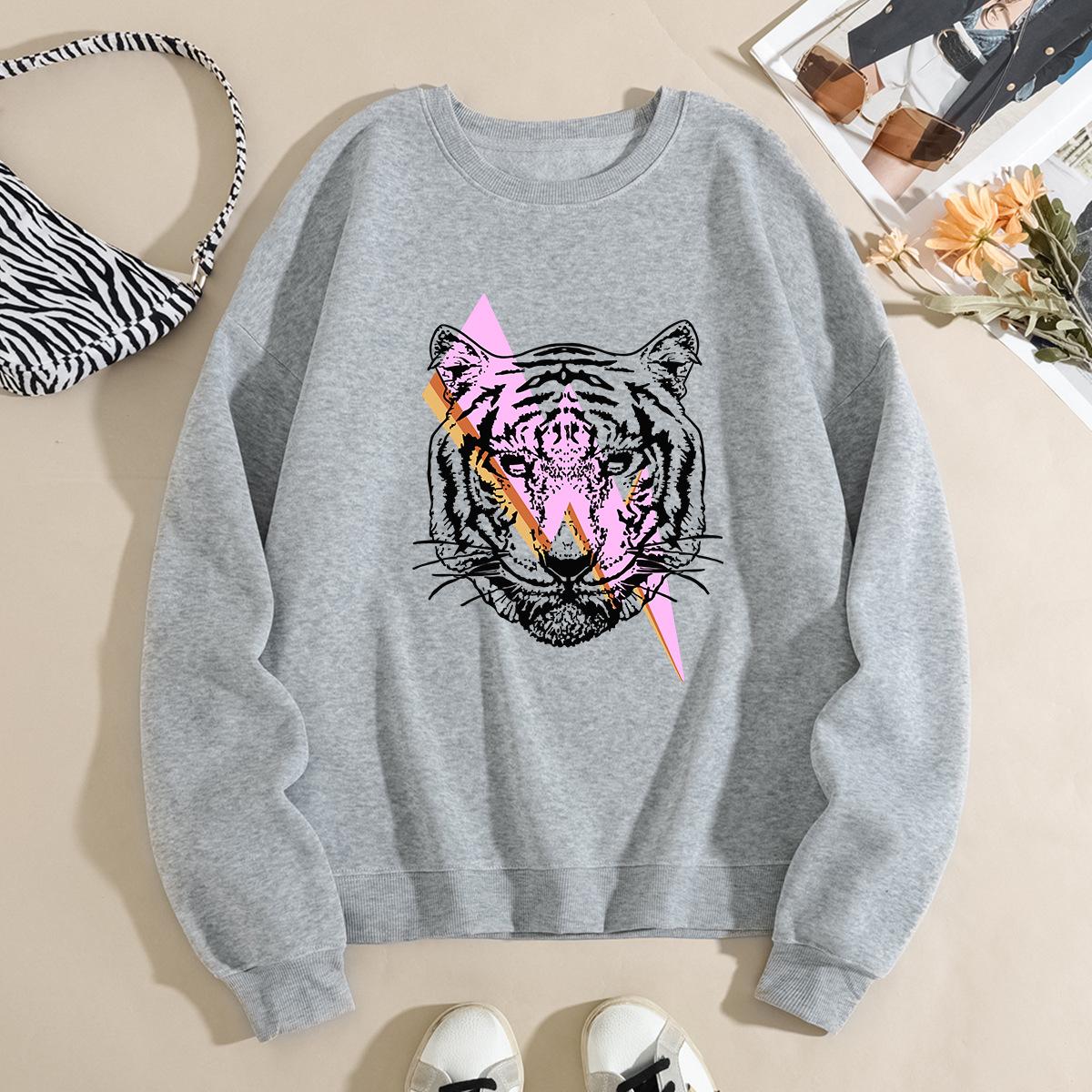 

Fashion Printing Loose Long Sleeves Simple Round Neck Casual Tops Women’s 3XL світло-сірого кольору