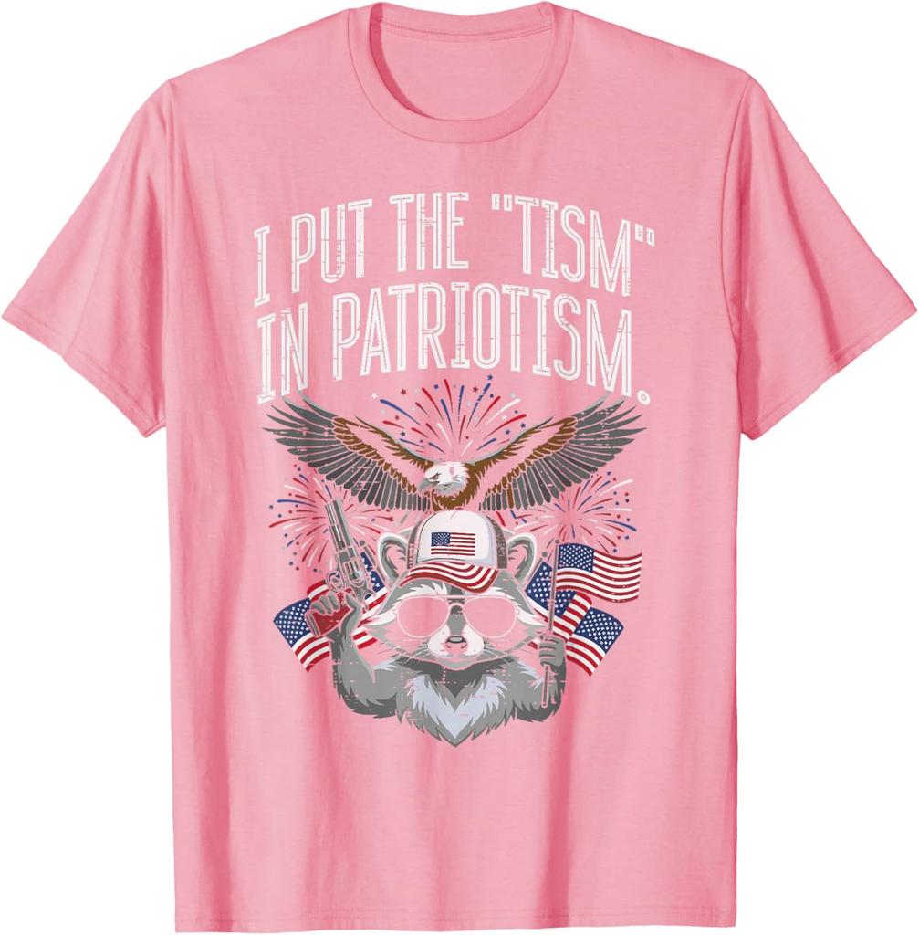 I Put The Tism In Patriotism Raccoon Funny Graphic Print Round Neck Cotton T Shirt Casual Tops