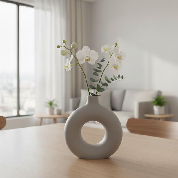 Decorative round vase with a hole, gray, for flowers, minimalist