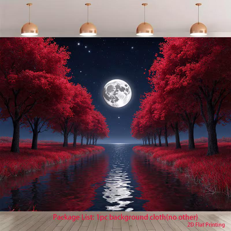 

2D Full Moon Red Tree Backdrop 2D Night River Water Reflection Photo Background for Themed Shoot 47.2x31.5inch/120*80cm