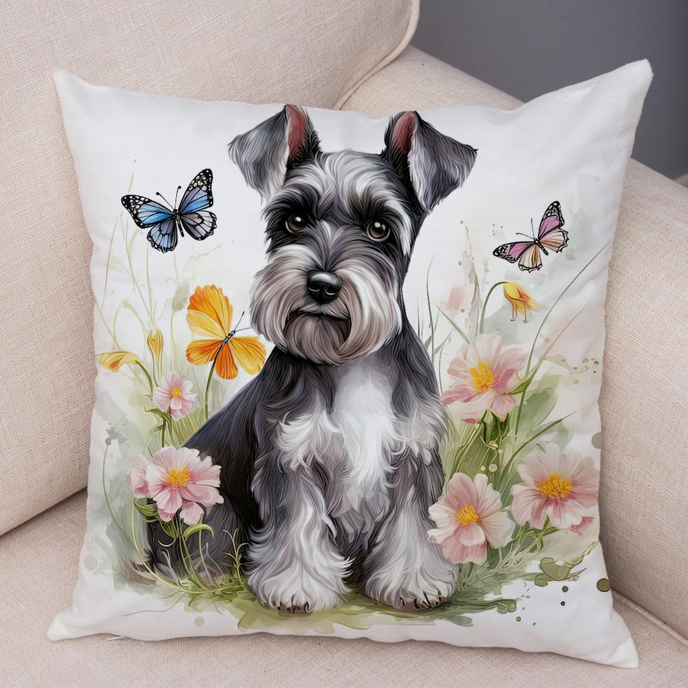 Roztomilý povlak na polštář s mini kníračem pro domácnost, oboustranný potisk, dekorace, kreslený mazlíček, zvíře, na pohovku, do auta, povlak na polštář, měkký plyšový povlak na polštář