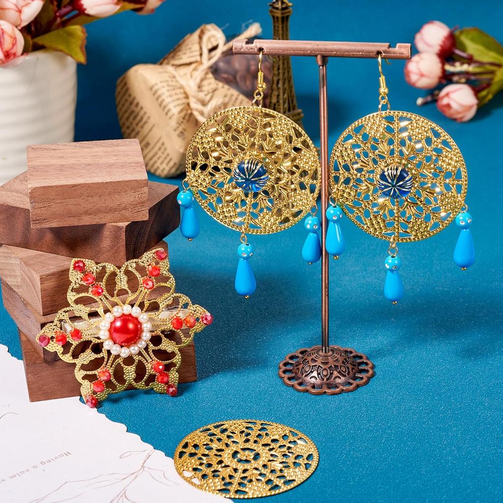 Cheriswelry 48pcs Flower Filigree Joiners Links Flower Golden Metal Dangle Charms Rack Plating Iron Etched Metal Embellishments 48~65mm for DIY Craft