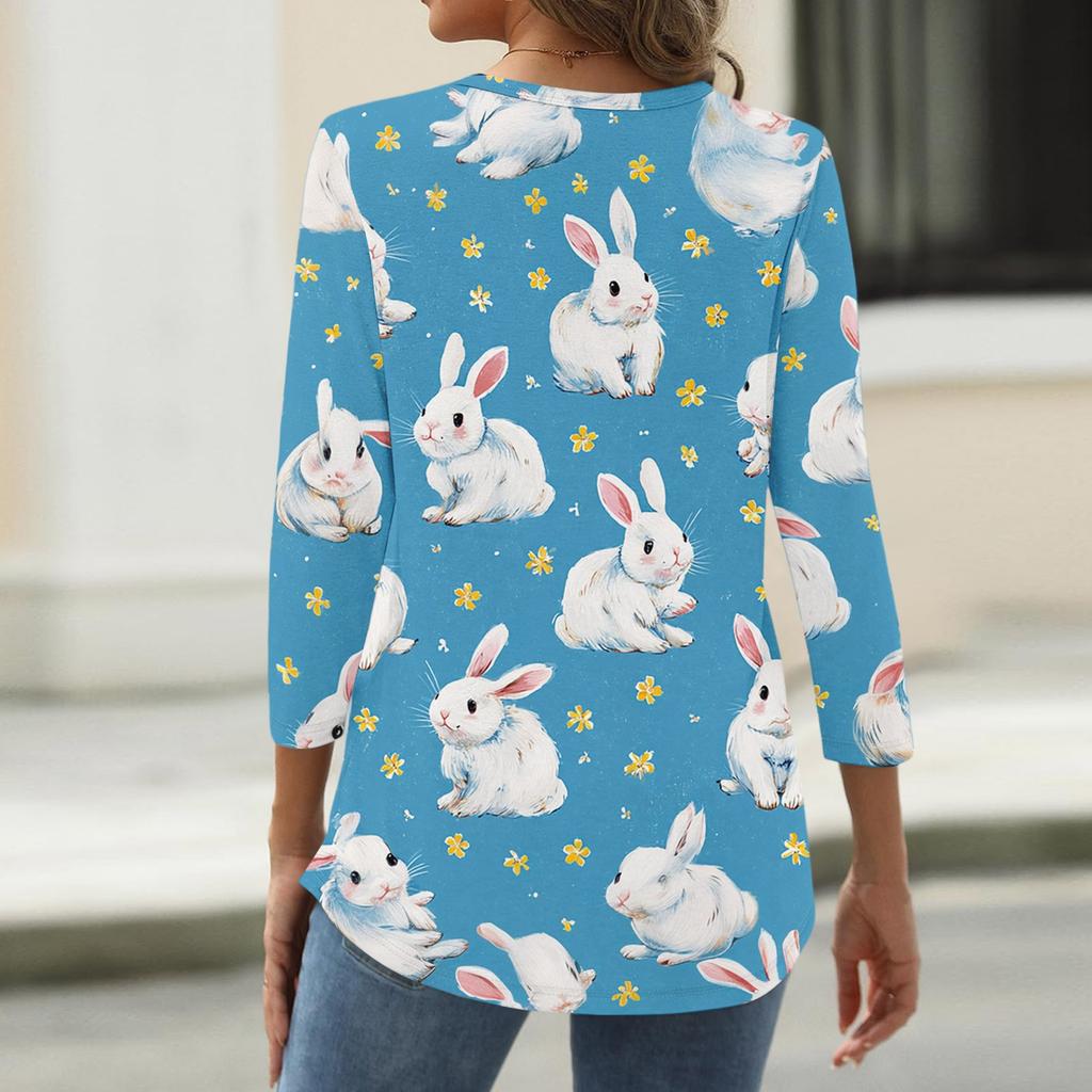 Women's Fashionable Casual Easter Bunny And Egg Print Neck Three-Quarter Sleeve T-Shirt