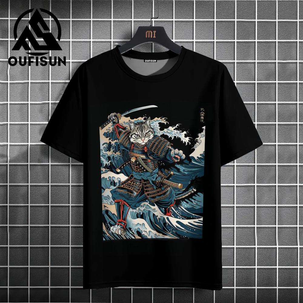Samurai Cat T-Shirt Men's Japanese Shirt Black Short Sleeve T-Shirt