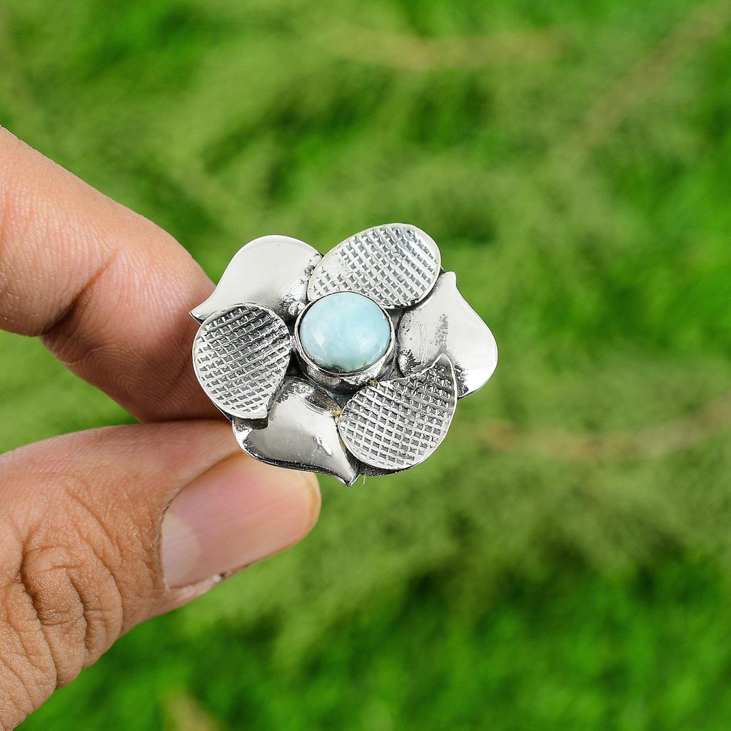 925 Sterling Silver Larimar Stone Stackable Unique Flower Promise Ring Jewelry