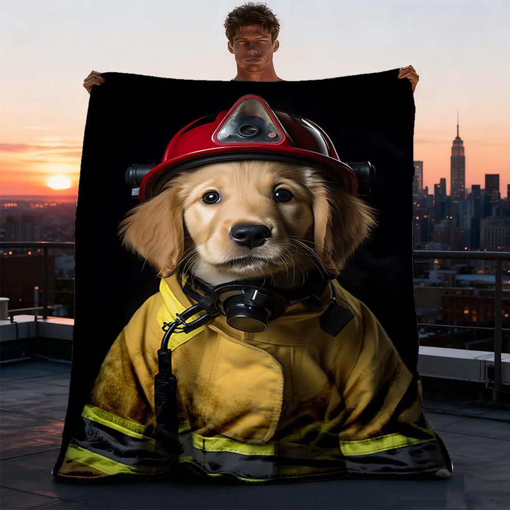 1pc Firefighter Dog Print Outdoor Soft Polyester Flannel Throw Blanket Versatile for All Seasons , Soft , Cozy , Warm All Season Quilted Throw ,
