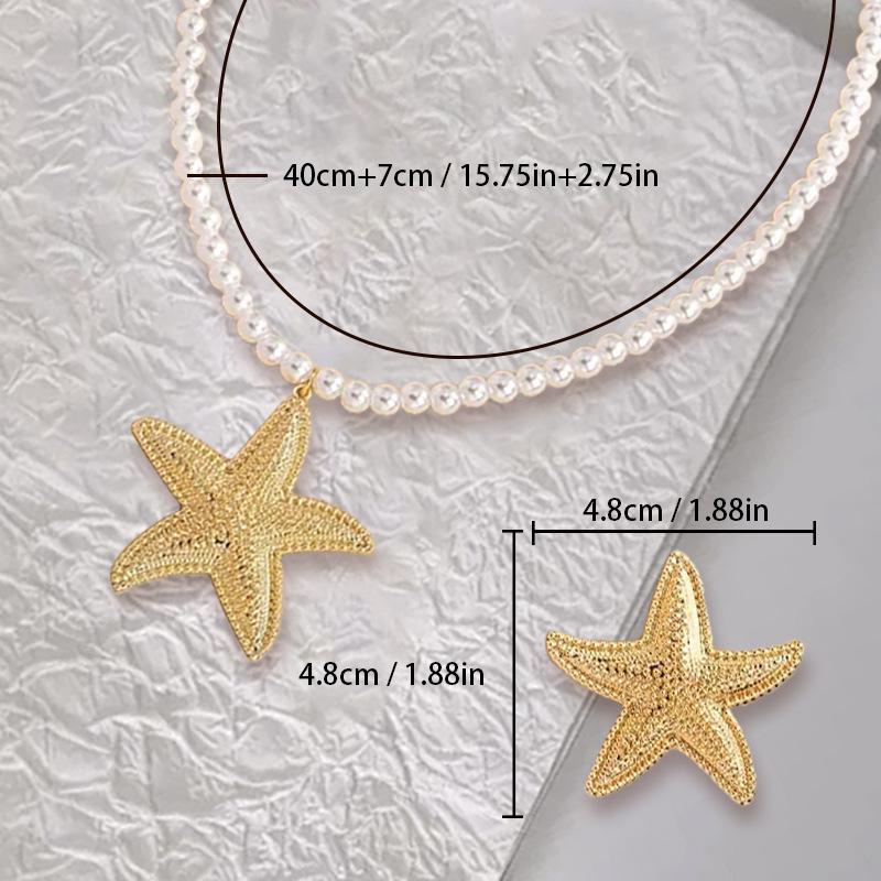 A new set of beach style imitation pearl starfish necklace and a pair of high-end starfish stud earrings.