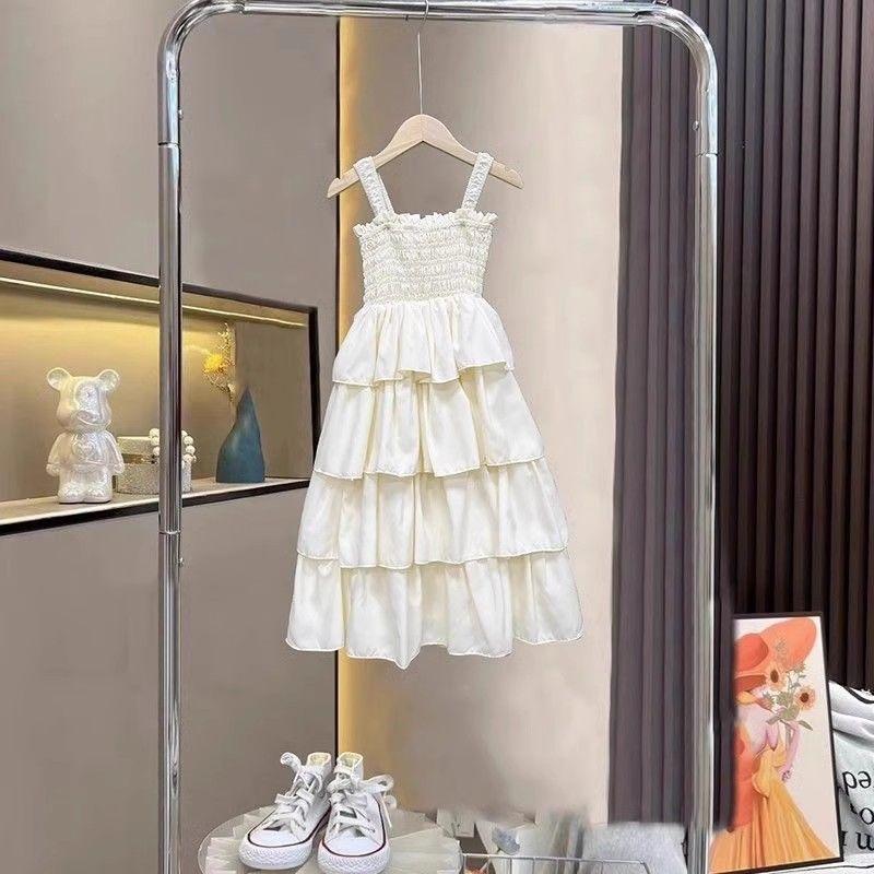 Summer Junior Girls Sling Dress Cotton Ruched Waist Sleeveless Toddler Girls Cake Dress Solid Versatile Kids Girls Dresses