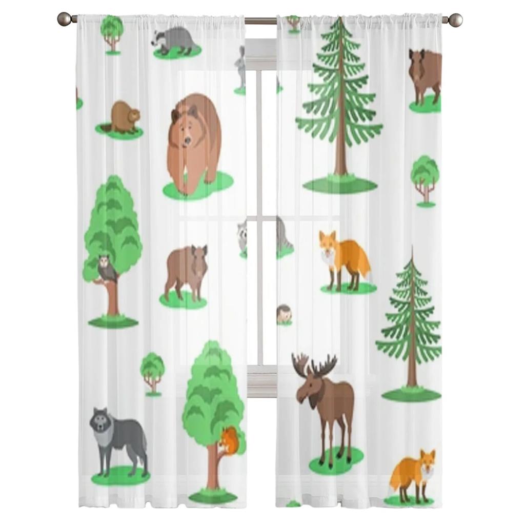 Cute Forest Animals Chiffon Sheer Curtains For Living Room Bedroom Decoration Window Tulle Curtains Drapes