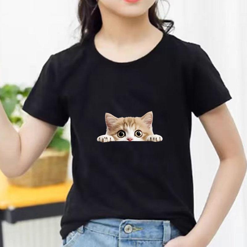 Kids Cotton T Shirt Peeking Orange Kitten Cat Print Crew Neck Short Sleeve Tee Casual Breathable Boys Girls Summer Tops