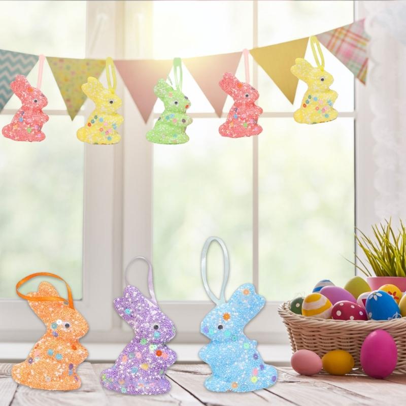 6er-Pack Oster-Themen-Schaumstoff-Hasen zum Aufhängen Funkelnde Pailletten Hasen-Ornament Festival Feiertagsdekoration für Zuhause