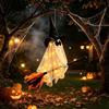 Whimsical Ghost Witch Figurine Halloween Flying with Broom, Large Lighted Hanging Decoration Easy Holiday Party Props Hat for Lawn Patio Porch