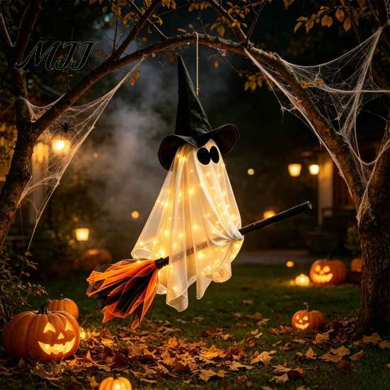 Whimsical Ghost Witch Figurine Halloween Flying with Broom, Large Lighted Hanging Decoration Easy Holiday Party Props Hat for Lawn Patio Porch