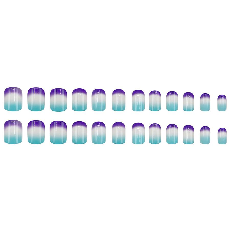24 Pieces  Fashion Blue and Purple Gradual Change Manicure Film Style Simple French Small Fresh Sweet Short Fake Nails Wear