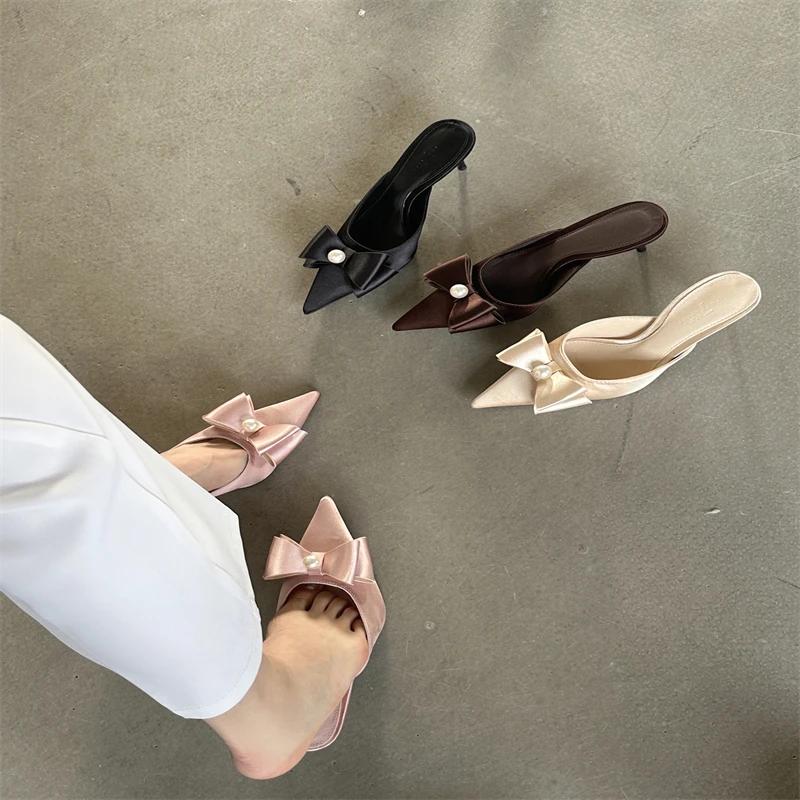 Fashion Eilyken Spring Sexy Butterfly-knot Women Slipper Pointed Toe Slip On Ladies Shoes Elegant Thin Heel Mules Dress Sandals