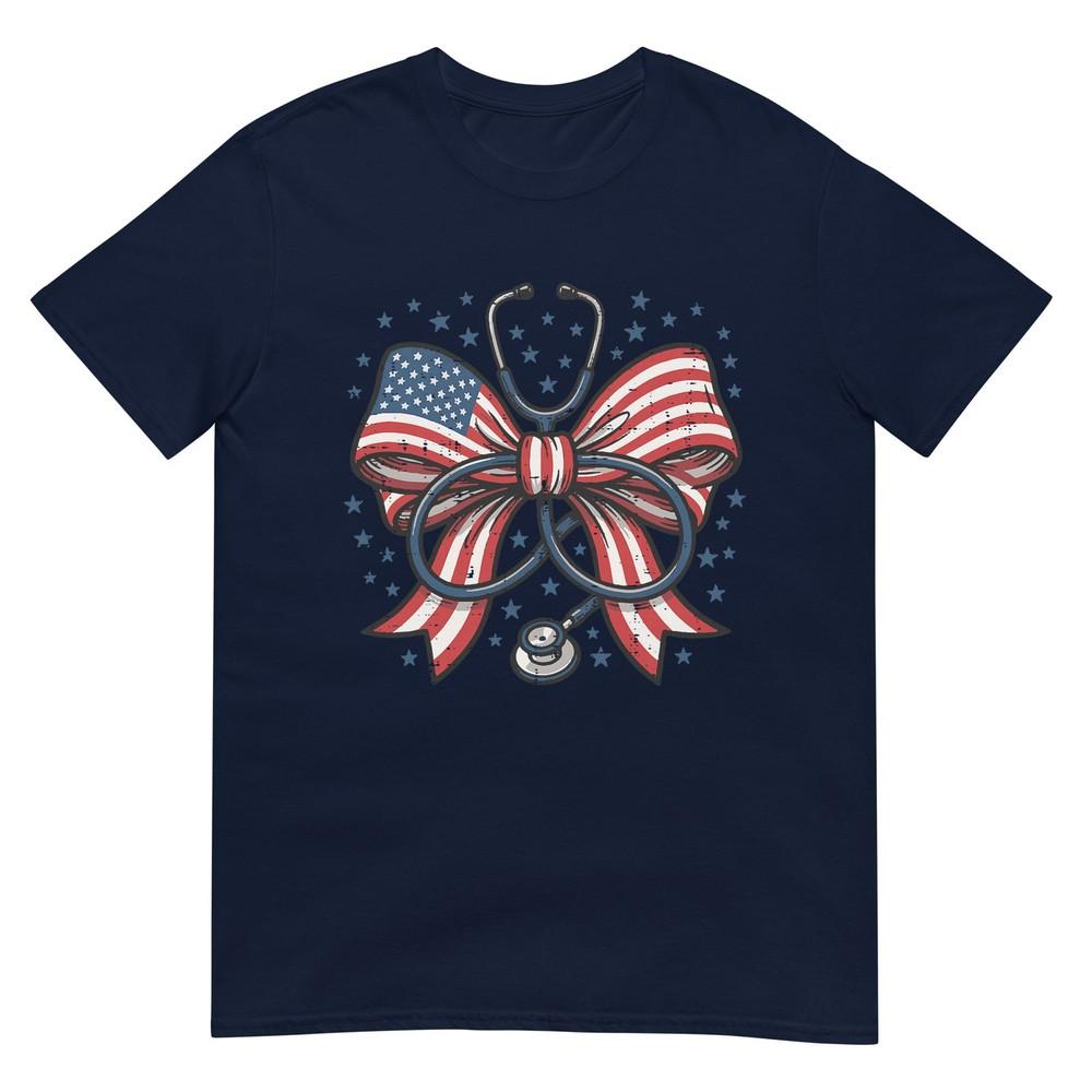 4th Of July Nurse Us Flag Bow Stethoscope Scrub Top Unisex Tshirt S