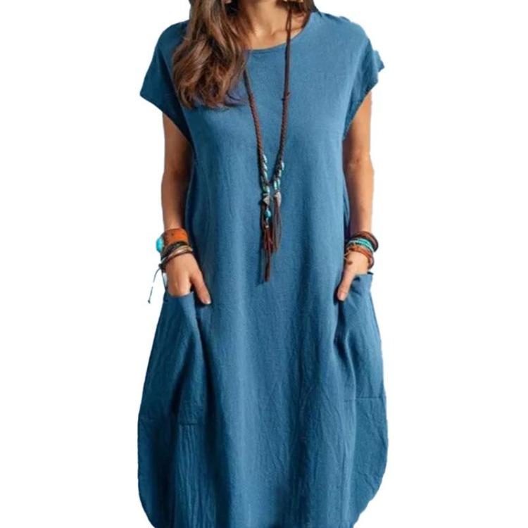 Women Casual Loose Dress European American Style Solid Color Cotton Linen Fabric Pocket Spring Summer