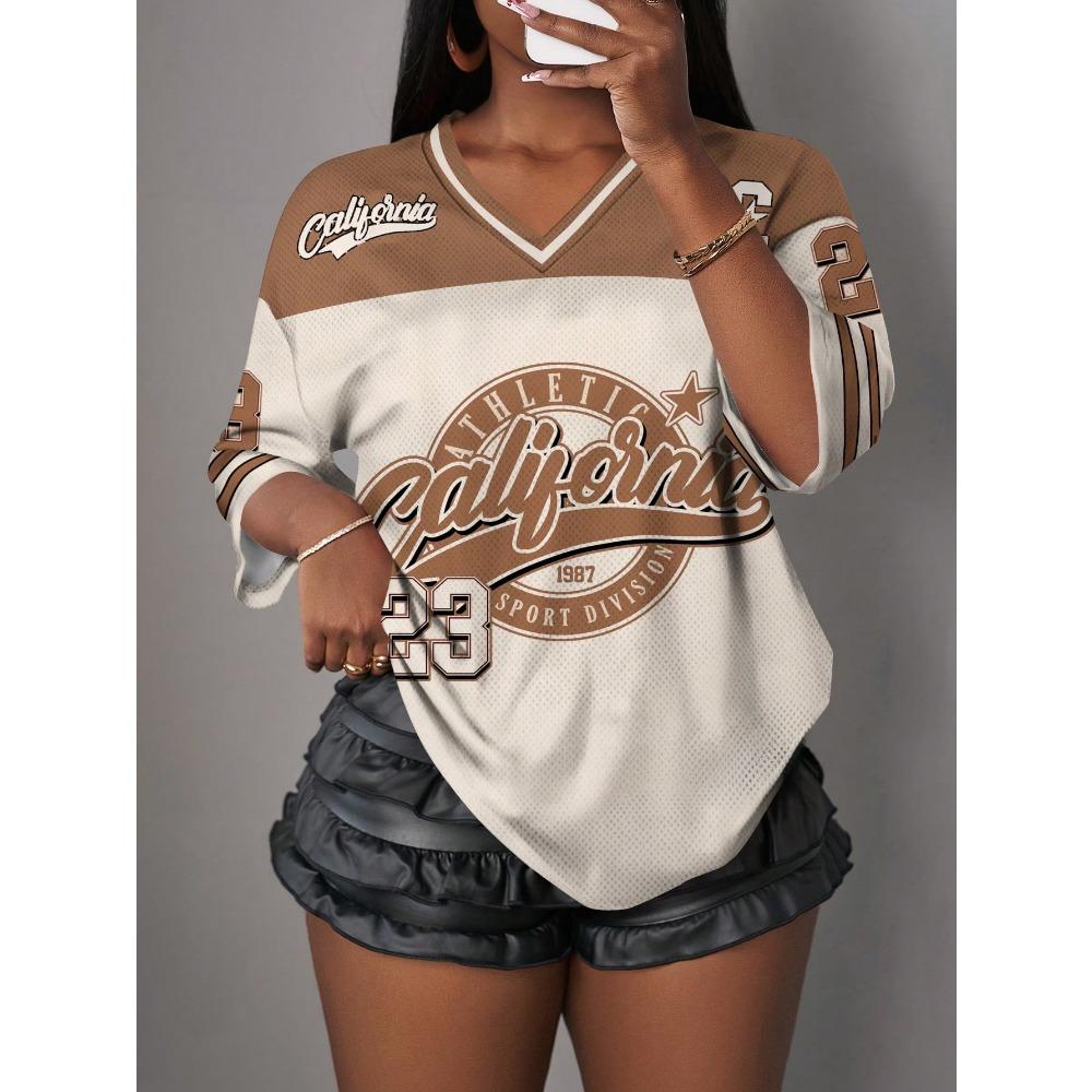 Moda Casual Europea e Americana da Donna, T-shirt alla Moda con Scollo a V a Maniche Corte N.23, Top Sportivo Largo, Traspirante e Confortevole