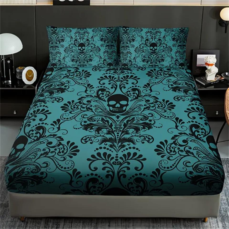 Skull Floral Design 3-Piece Bed Sheet Set - 100% Polyester, Digital Print, Breathable All-Season Fitted Sheet and Pillowcase Set