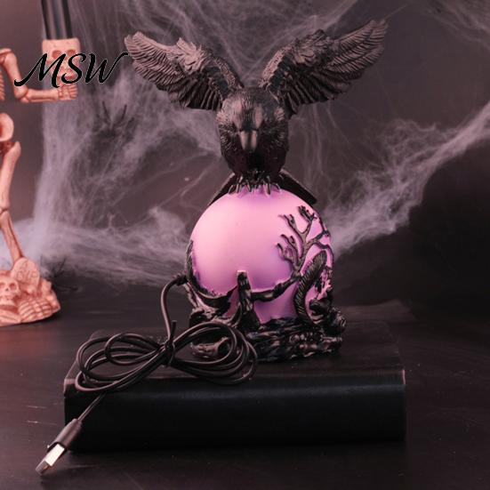 Gothic Halloween Crow Light Lamp, with Purple Ball, Resin Night Light, Realistic Sculpture USB Powered Dark Style Statue for Bedroom Living