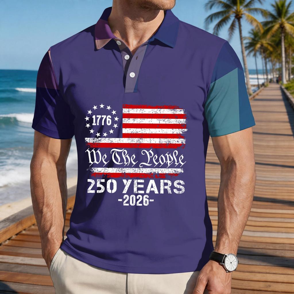 Men's Loose Fit Casual Polo Shirt Short Sleeve Printed Flag Graphic Button Collar Comfortable Summer Top