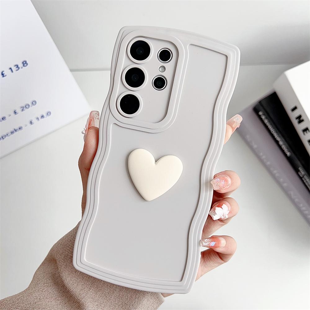 Jednobarevný měkký silikonový kryt pro Samsung Galaxy S24 S23 Ultra S22 S23 S21FE A53 A55 A35 A32 A05 A52 A34 s 3D srdíčkem a vlnitým rámečkem