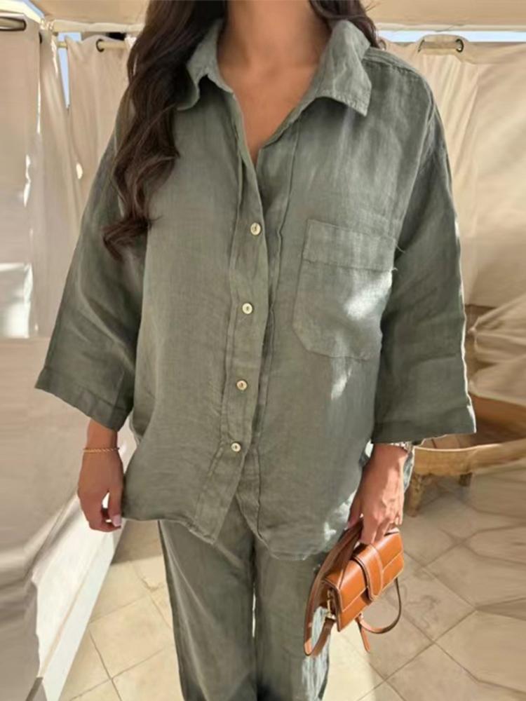 Vintage Solid Shirt Trousers Suit Women Single Breasted Long Sleeve Shirt Wide Leg Pants Summer Female Set