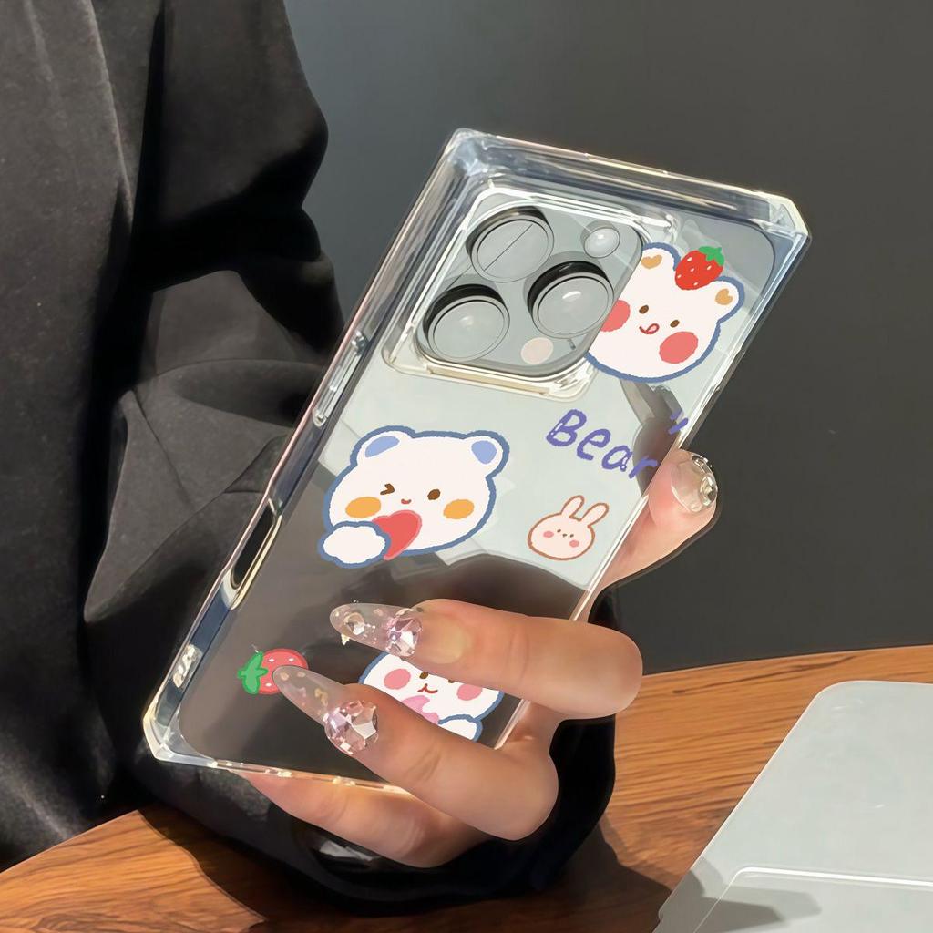 Square Back Tube Protection Clear Case For iPhone 11 14 Pro Max 13 12 16 ProMax 15 Plus Anti-Oxygen,Strawberry Bear Pattern Casing