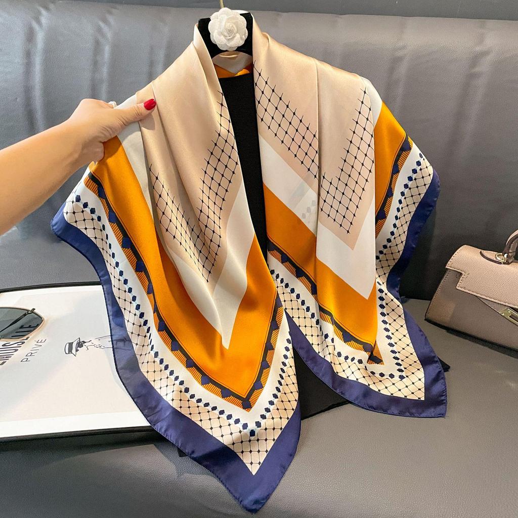 Women's Retro Fashion Mulberry Silk Feel Square Scarf - Summer Faux Satin, Sun Protection, 90cm