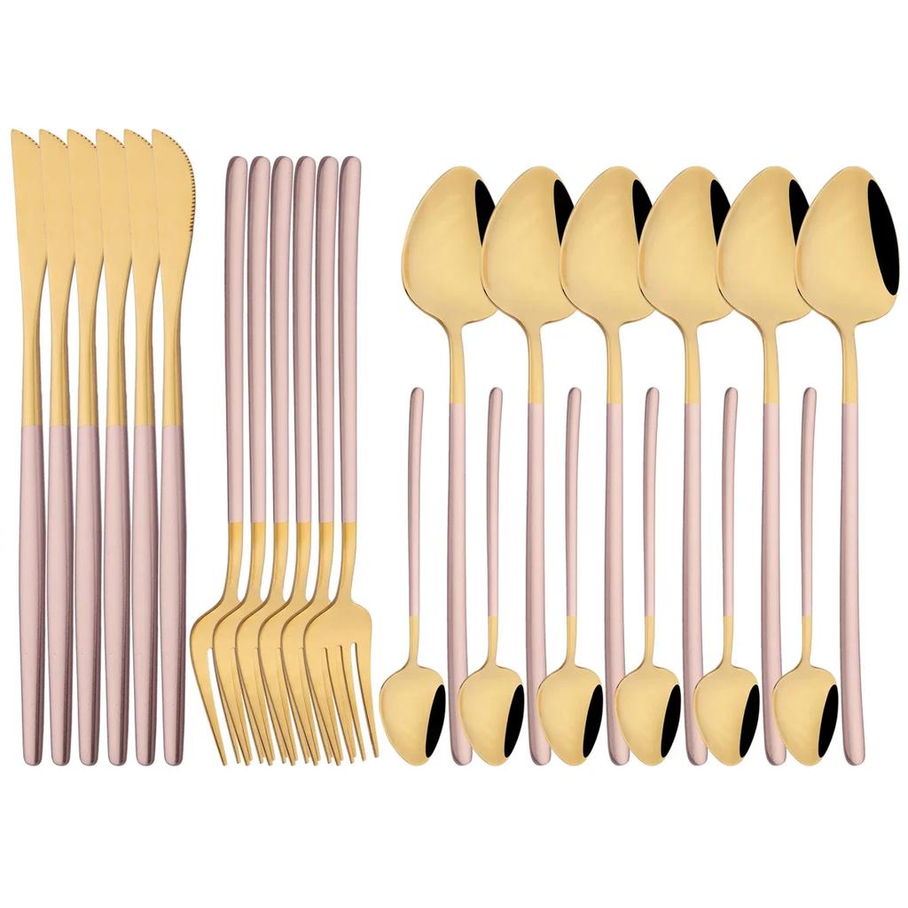 24Pcs Pink Gold Cutlery Set Knife Forks Coffee Spoon Tableware Set Mirror Flatware Stainless Steel Dinnerware Western Silverware