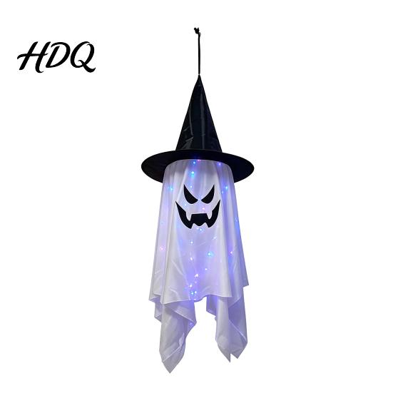 Lighted Ghost Wizard Pendant for Yard Halloween Hanging Decor with Hat LED Light Up Outdoor Decorations Windsock Porch Yard Spooky Fabric