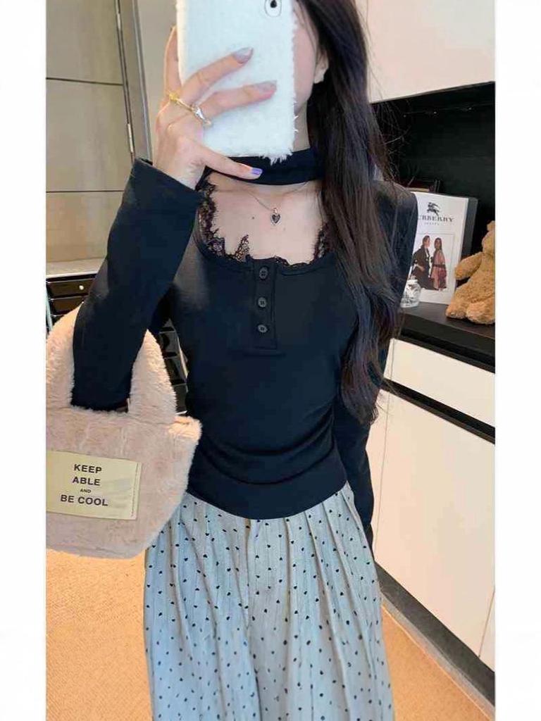Pure Desire Lace Patchwork Square Neck Long Sleeve T-shirt for Women