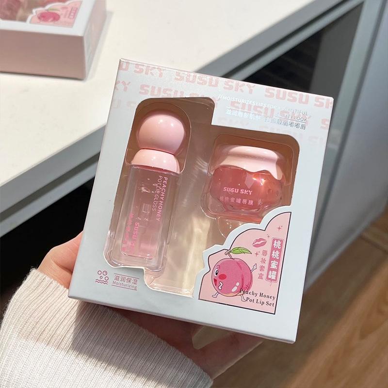Peach Lightweight Lips Set Clear Glass Moisturizing Lip Balm Transparent Lip Oil Hydrating Jelly Day & Night Lip Mask Set