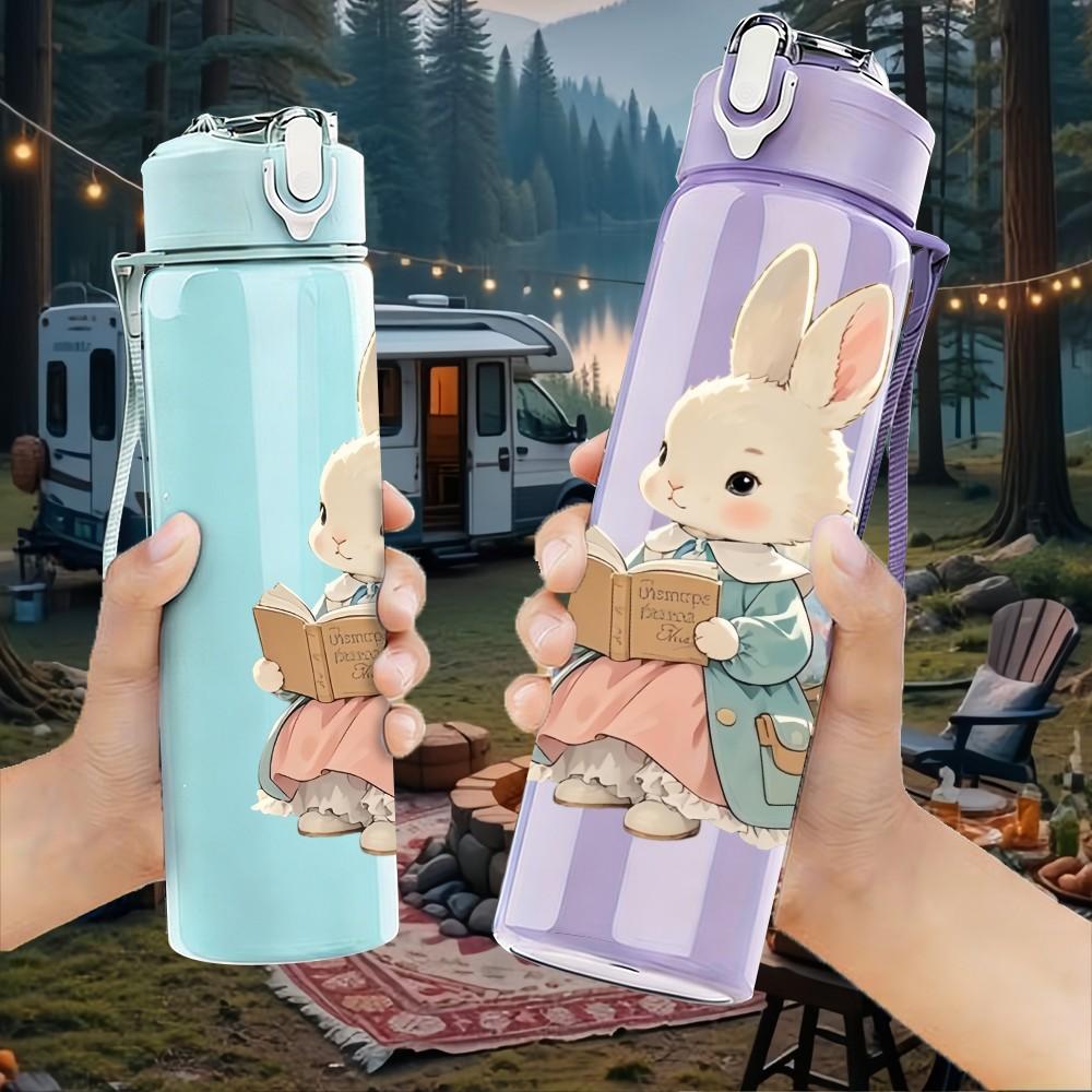 1PC Bunny Doll Soft Cute Cartoon Print 750ml Color Plastic Sports Water Bottle Leakproof Flip Straw Lid Suitable for Sports Office Home Use