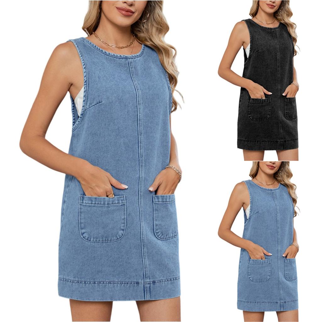 Women's Fashionable Solid Color Round Neck Sleeveless Pocket Backless Dress