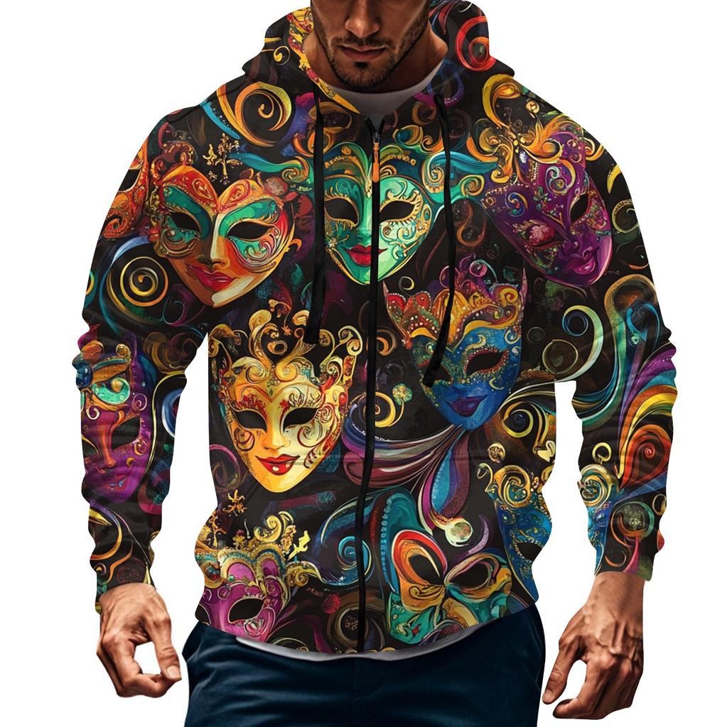 Men's Sports Casual Fleece Hoodie Carnival Print Hoodie Cardigan Zipper Multi-pocket Hoodie Coat